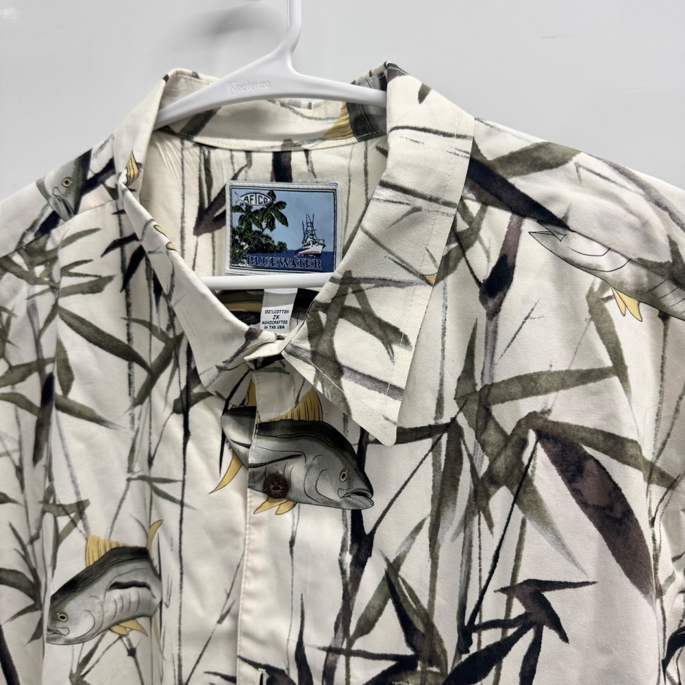 AFTCO Bluewater Mens 2X Fishing Shirt Tuna Bamboo Print Cotton Made in USA Cream